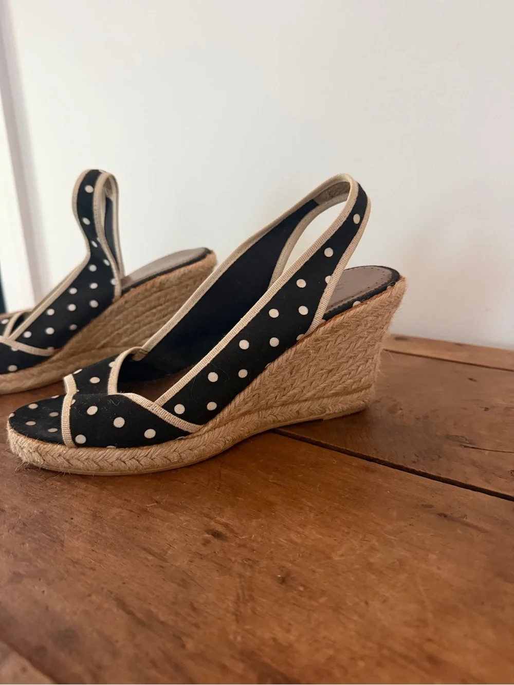 J. Crew Polka Dot Slingback Espadrille Wedges - Black/Cream